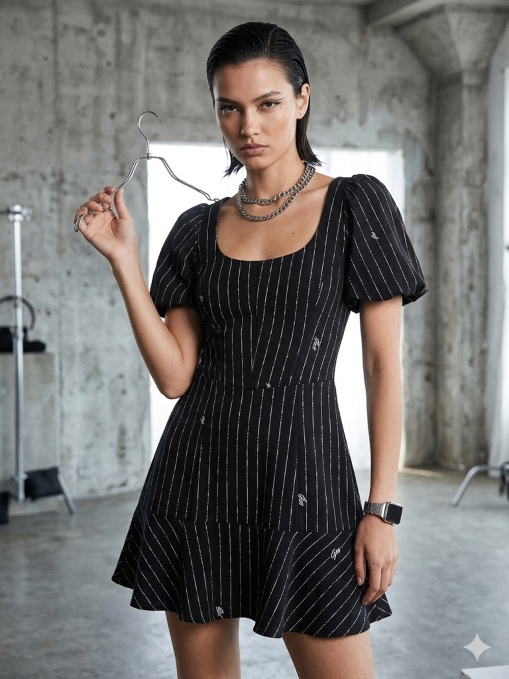 I.AM.GIA Black Pinstripe Puff Sleeve Mini Dress Size S